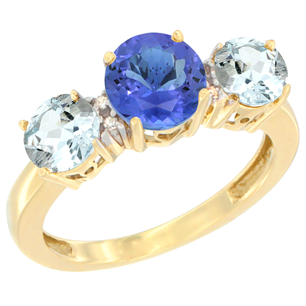10K Yellow Gold Round 3-Stone Natural Tanzanite Ring & Aquamarine Sides Diamond Accent, sizes 5 - 10