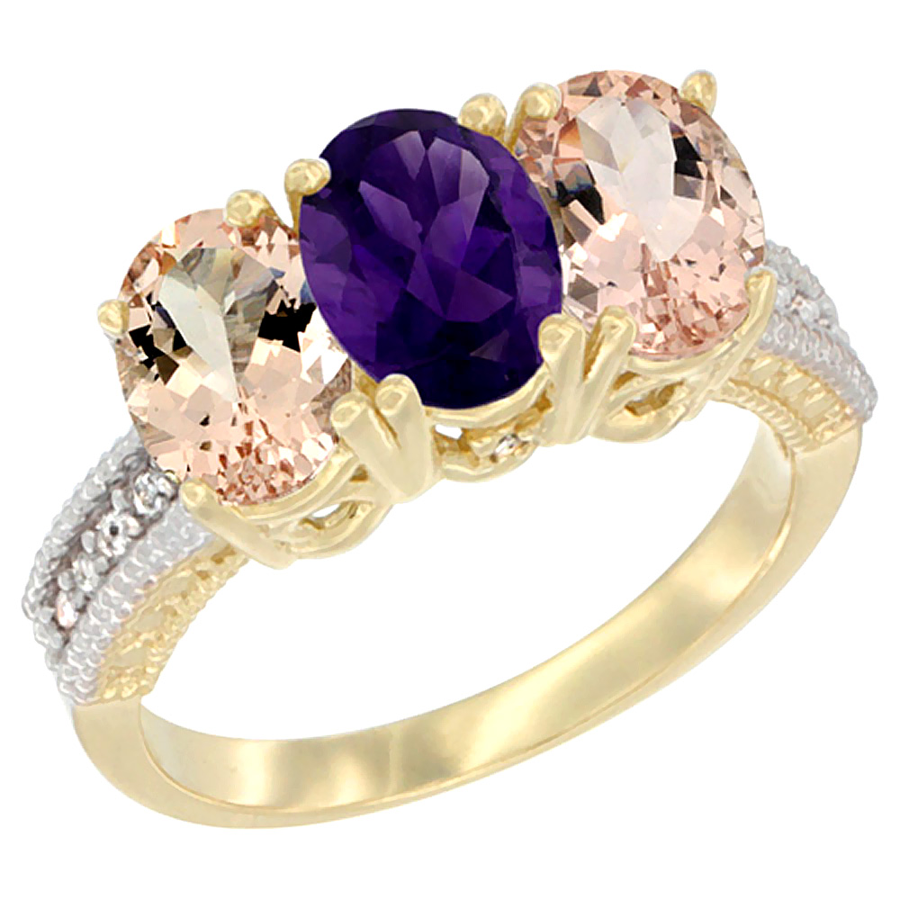 14K Yellow Gold Natural Amethyst &amp; Morganite Sides Ring 3-Stone Oval 7x5 mm Diamond Accent, sizes 5 - 10
