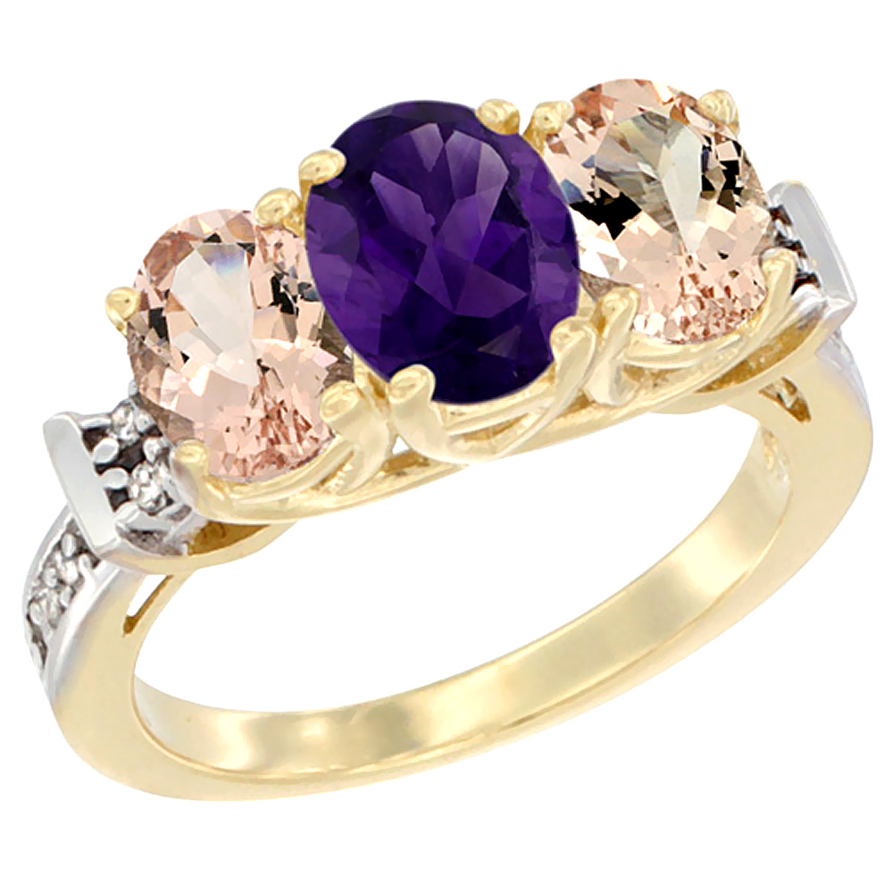 14K Yellow Gold Natural Amethyst &amp; Morganite Sides Ring 3-Stone Oval Diamond Accent, sizes 5 - 10