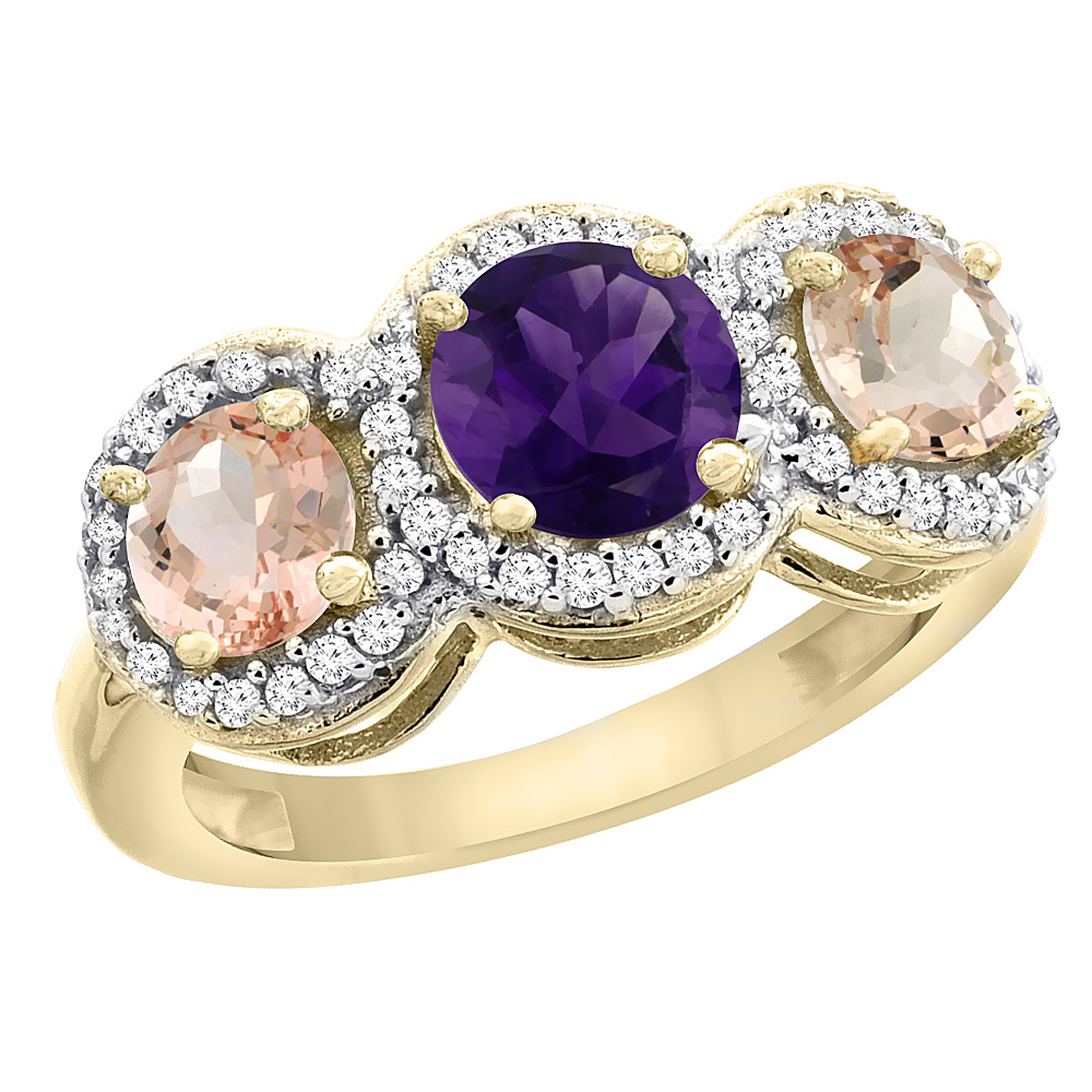14K Yellow Gold Natural Amethyst &amp; Morganite Sides Round 3-stone Ring Diamond Accents, sizes 5 - 10