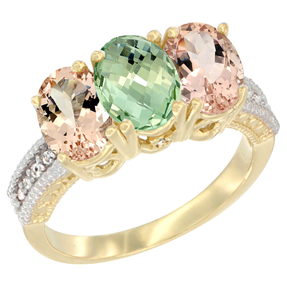 10K Yellow Gold Natural Green Amethyst &amp; Morganite Ring 3-Stone Oval 7x5 mm, sizes 5 - 10