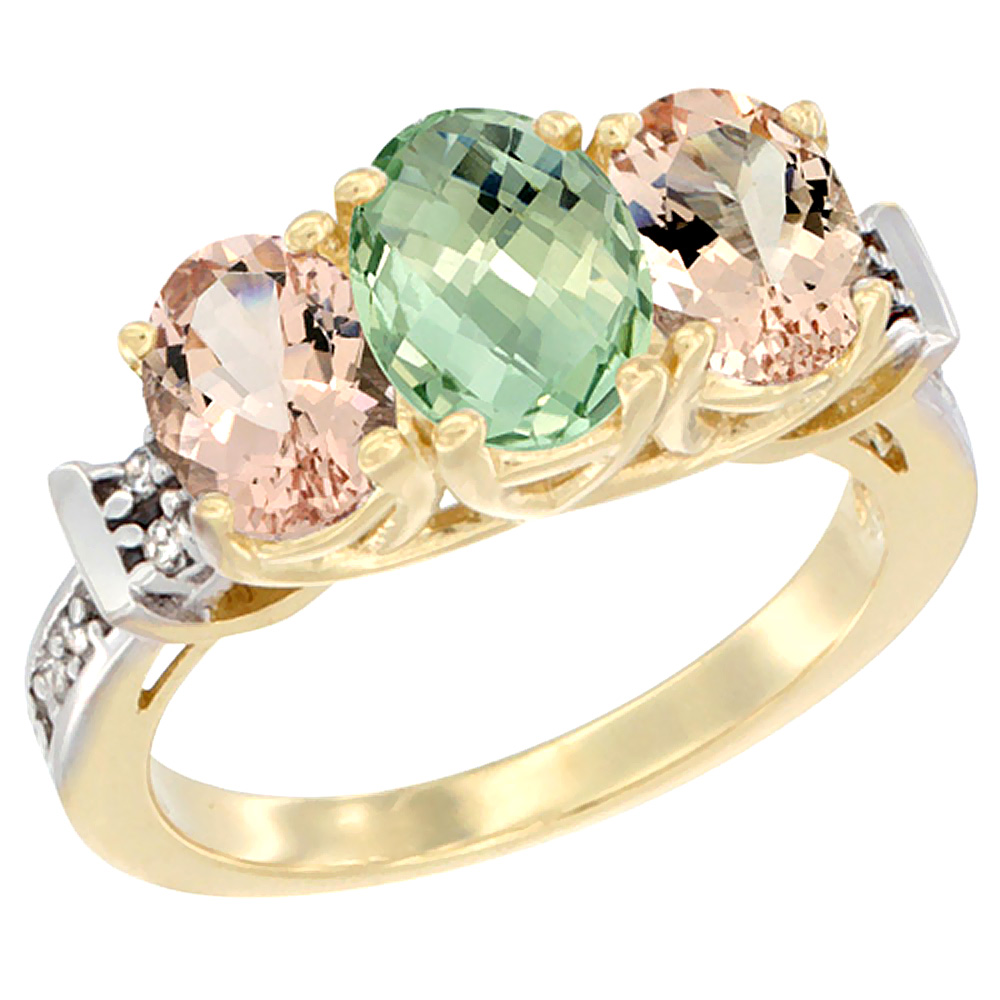 10K Yellow Gold Natural Green Amethyst & Morganite Sides Ring 3-Stone Oval Diamond Accent, sizes 5 - 10