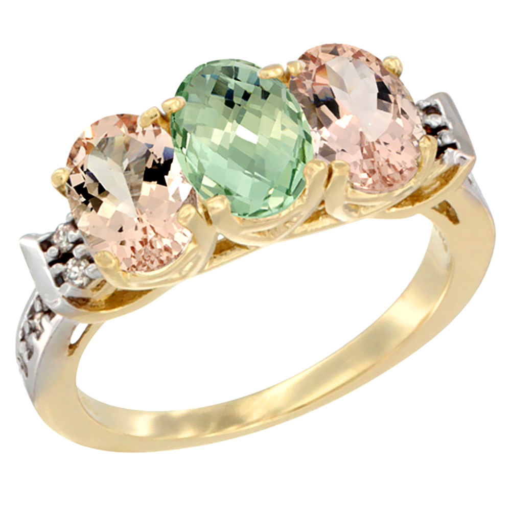 14K Yellow Gold Natural Green Amethyst &amp; Morganite Sides Ring 3-Stone Oval 7x5 mm Diamond Accent, sizes 5 - 10