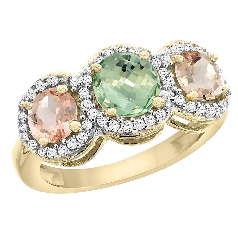 10K Yellow Gold Natural Green Amethyst & Morganite Sides Round 3-stone Ring Diamond Accents, sizes 5 - 10