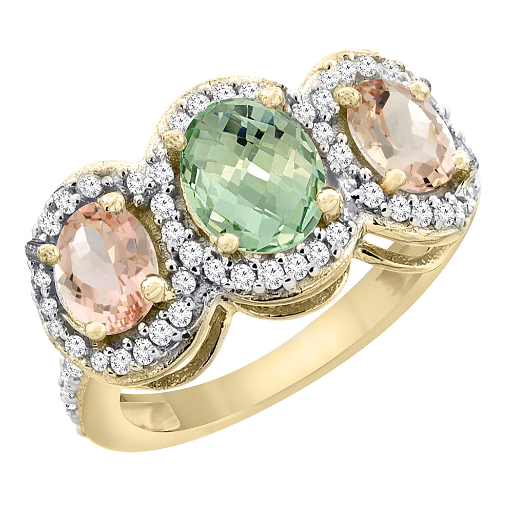 14K Yellow Gold Natural Green Amethyst & Morganite 3-Stone Ring Oval Diamond Accent, sizes 5 - 10