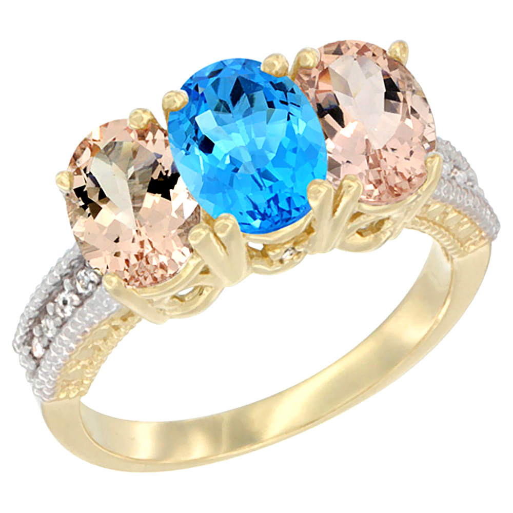 14K Yellow Gold Natural Swiss Blue Topaz & Morganite Sides Ring 3-Stone Oval 7x5 mm Diamond Accent, sizes 5 - 10