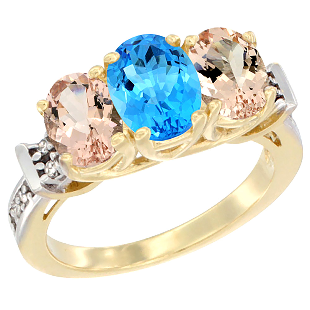 10K Yellow Gold Natural Swiss Blue Topaz &amp; Morganite Sides Ring 3-Stone Oval Diamond Accent, sizes 5 - 10