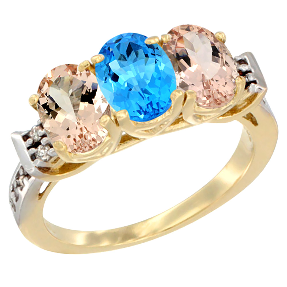 10K Yellow Gold Natural Swiss Blue Topaz & Morganite Sides Ring 3-Stone Oval 7x5 mm Diamond Accent, sizes 5 - 10