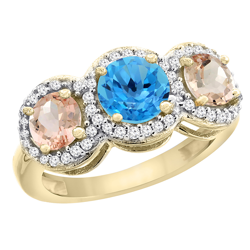 14K Yellow Gold Natural Swiss Blue Topaz & Morganite Sides Round 3-stone Ring Diamond Accents, sizes 5 - 10