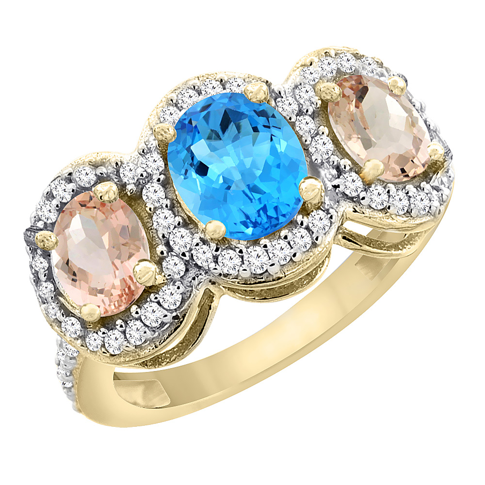 14K Yellow Gold Natural Swiss Blue Topaz &amp; Morganite 3-Stone Ring Oval Diamond Accent, sizes 5 - 10