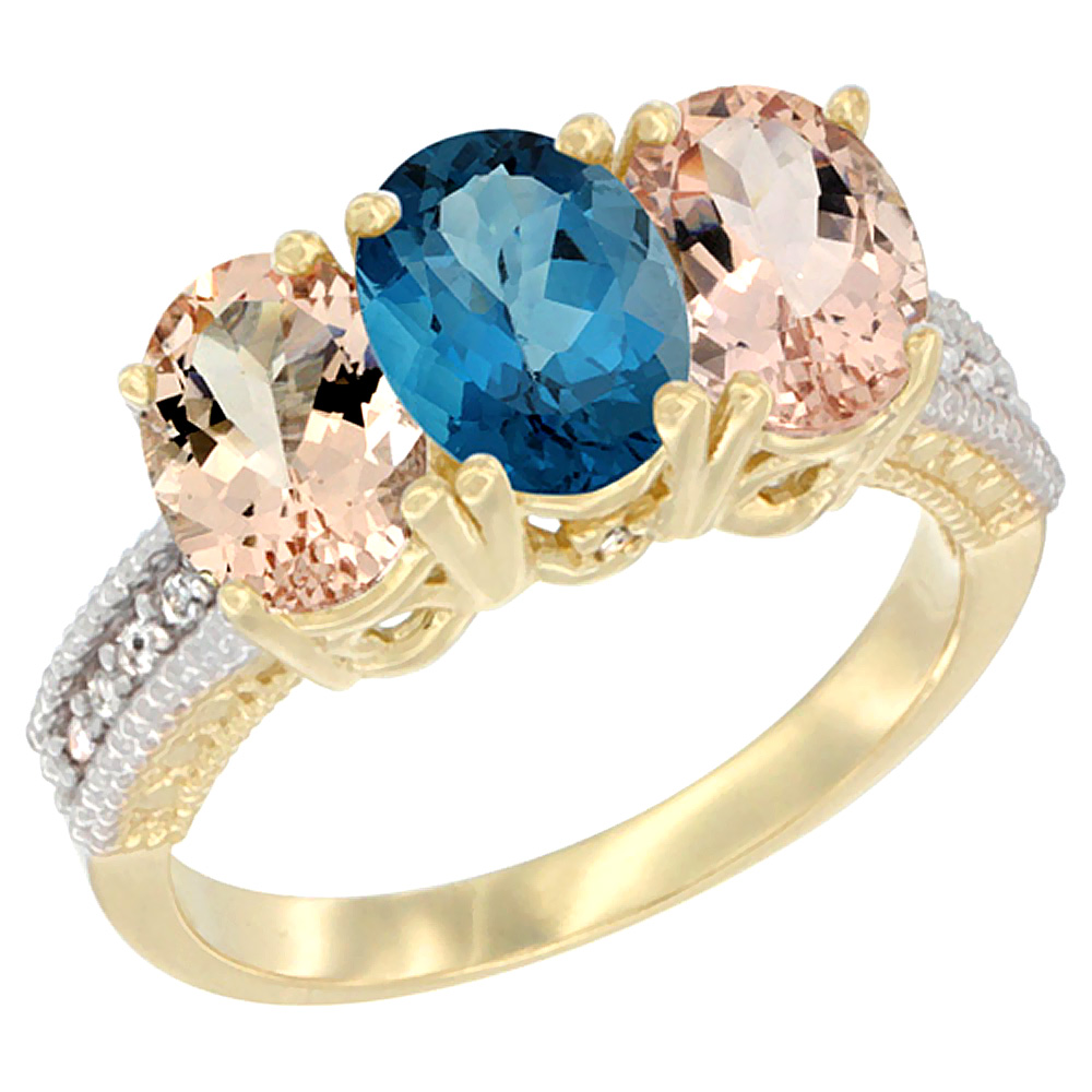 14K Yellow Gold Natural London Blue Topaz &amp; Morganite Sides Ring 3-Stone Oval 7x5 mm Diamond Accent, sizes 5 - 10