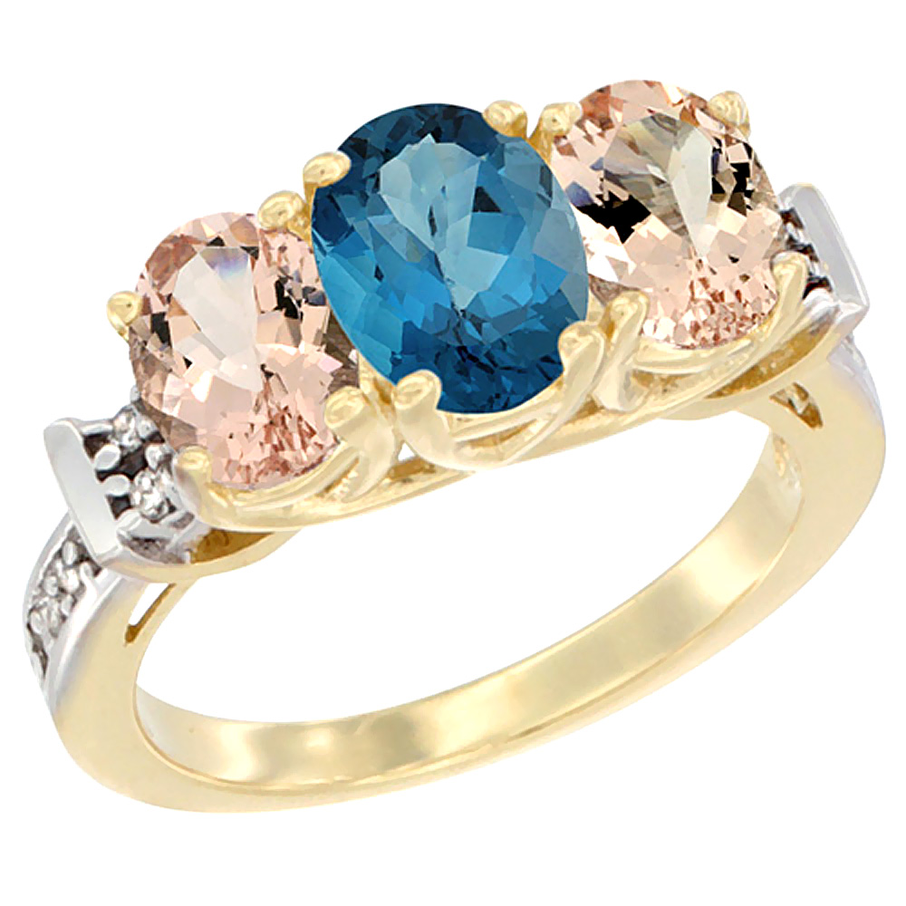 14K Yellow Gold Natural London Blue Topaz &amp; Morganite Sides Ring 3-Stone Oval Diamond Accent, sizes 5 - 10