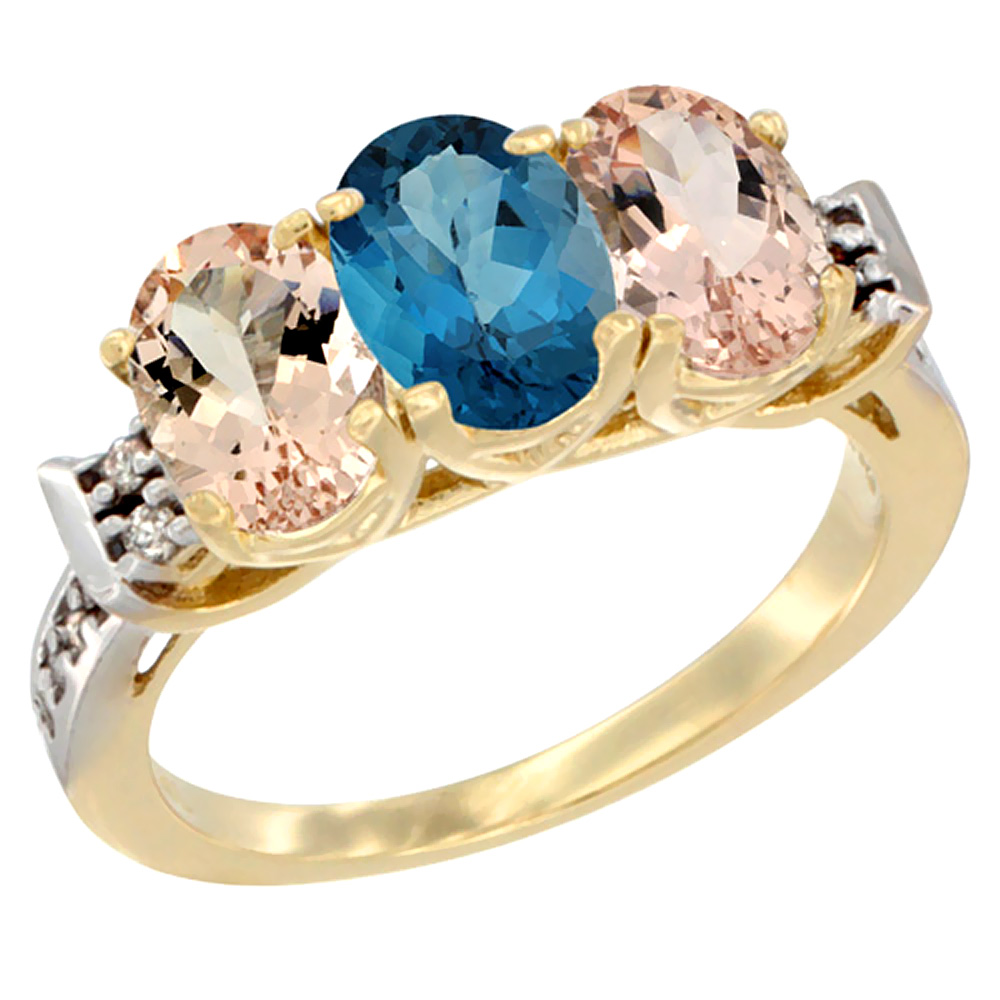 10K Yellow Gold Natural London Blue Topaz &amp; Morganite Sides Ring 3-Stone Oval 7x5 mm Diamond Accent, sizes 5 - 10