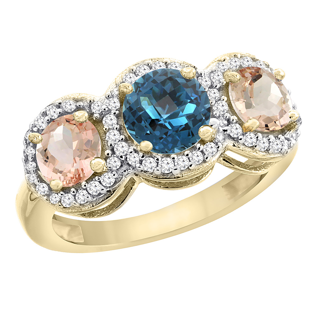 14K Yellow Gold Natural London Blue Topaz & Morganite Sides Round 3-stone Ring Diamond Accents, sizes 5 - 10