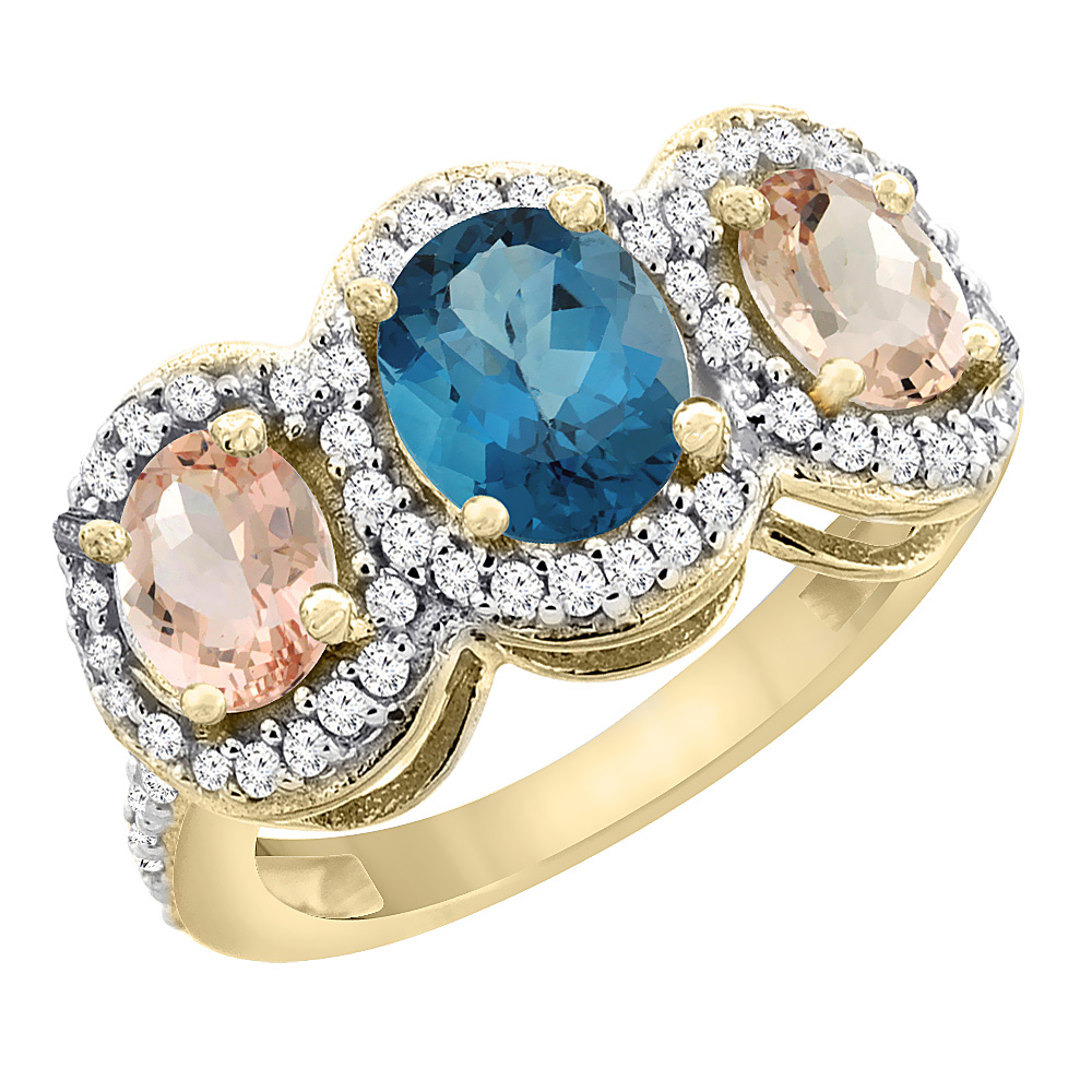 10K Yellow Gold Natural London Blue Topaz & Morganite 3-Stone Ring Oval Diamond Accent, sizes 5 - 10