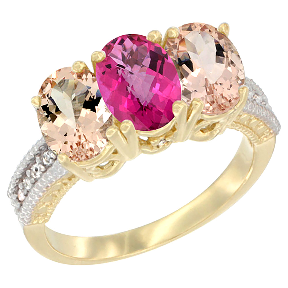 14K Yellow Gold Natural Pink Topaz & Morganite Sides Ring 3-Stone Oval 7x5 mm Diamond Accent, sizes 5 - 10