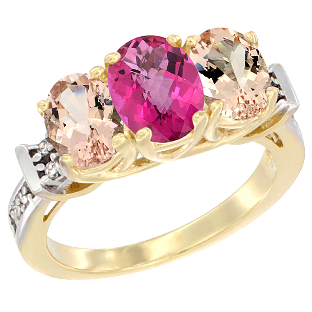 14K Yellow Gold Natural Pink Topaz &amp; Morganite Sides Ring 3-Stone Oval Diamond Accent, sizes 5 - 10