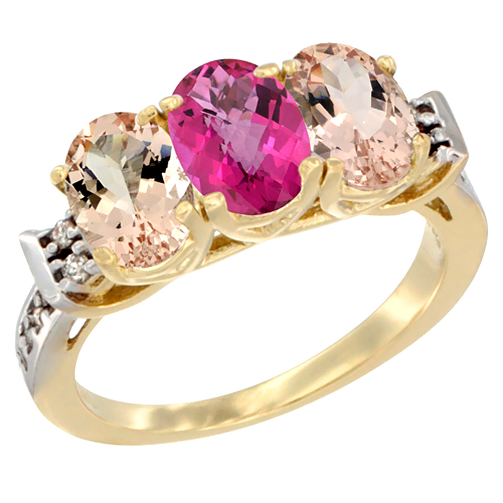 10K Yellow Gold Natural Pink Topaz &amp; Morganite Sides Ring 3-Stone Oval 7x5 mm Diamond Accent, sizes 5 - 10