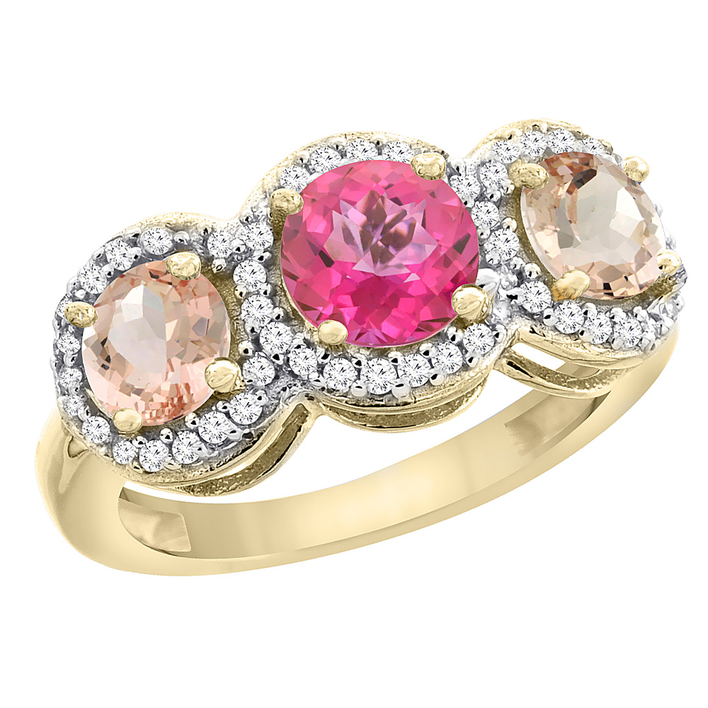 14K Yellow Gold Natural Pink Topaz &amp; Morganite Sides Round 3-stone Ring Diamond Accents, sizes 5 - 10