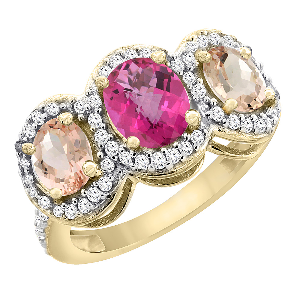 10K Yellow Gold Natural Pink Topaz &amp; Morganite 3-Stone Ring Oval Diamond Accent, sizes 5 - 10