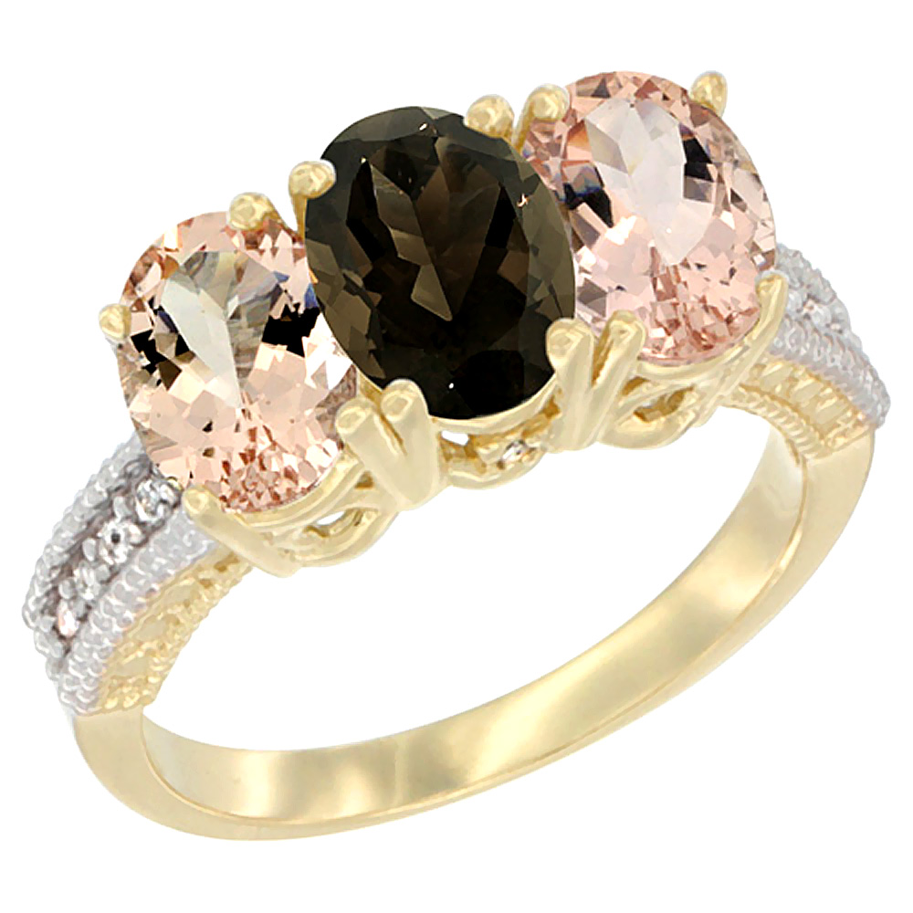 14K Yellow Gold Natural Smoky Topaz & Morganite Sides Ring 3-Stone Oval 7x5 mm Diamond Accent, sizes 5 - 10
