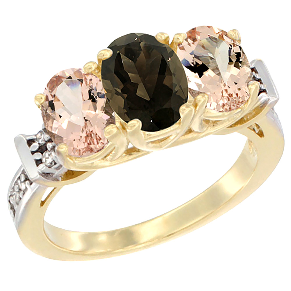 10K Yellow Gold Natural Smoky Topaz &amp; Morganite Sides Ring 3-Stone Oval Diamond Accent, sizes 5 - 10