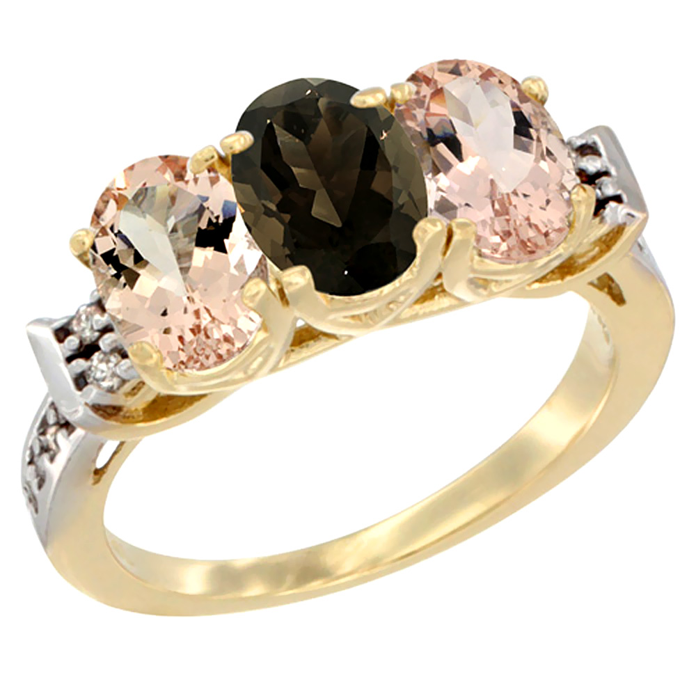 10K Yellow Gold Natural Smoky Topaz &amp; Morganite Sides Ring 3-Stone Oval 7x5 mm Diamond Accent, sizes 5 - 10
