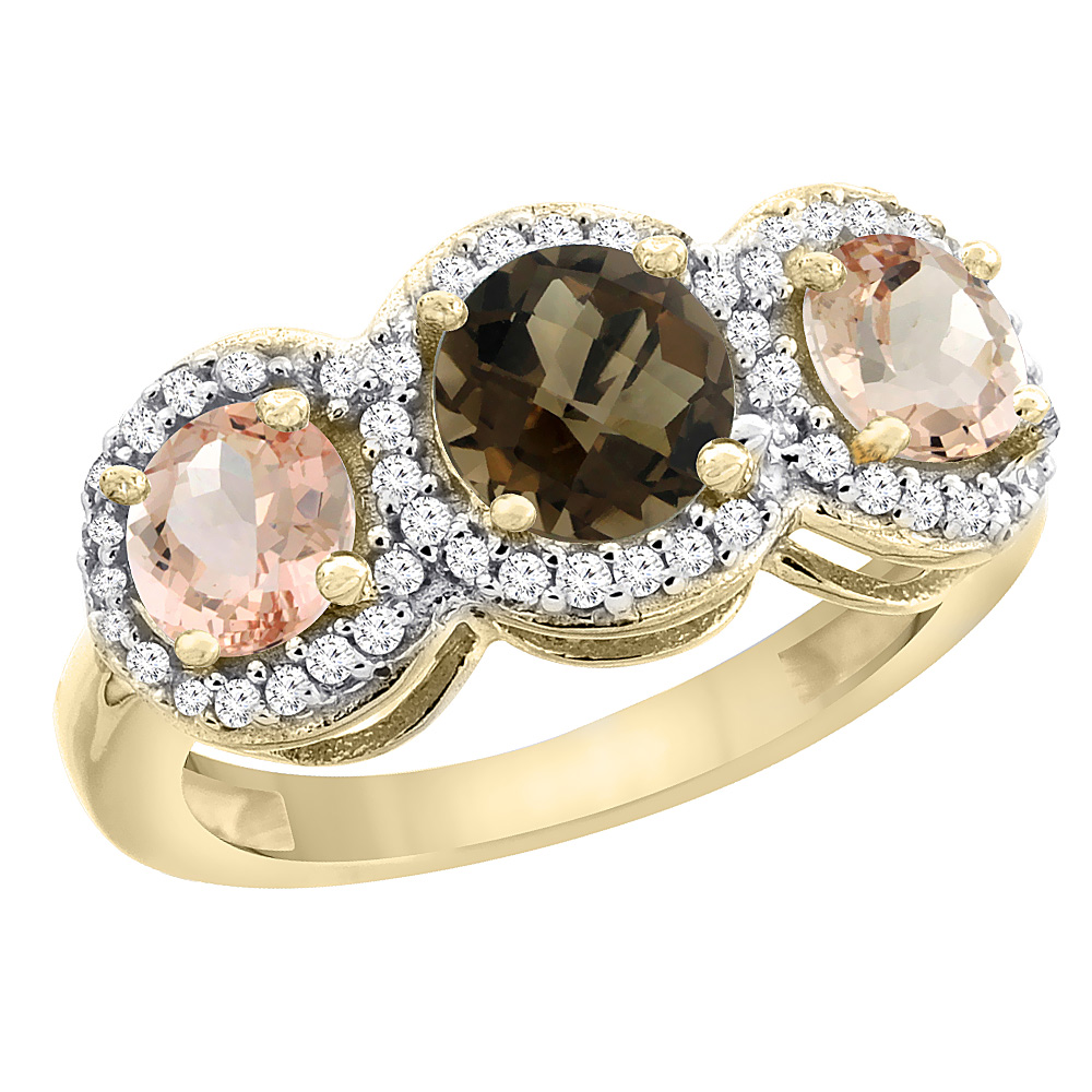14K Yellow Gold Natural Smoky Topaz & Morganite Sides Round 3-stone Ring Diamond Accents, sizes 5 - 10