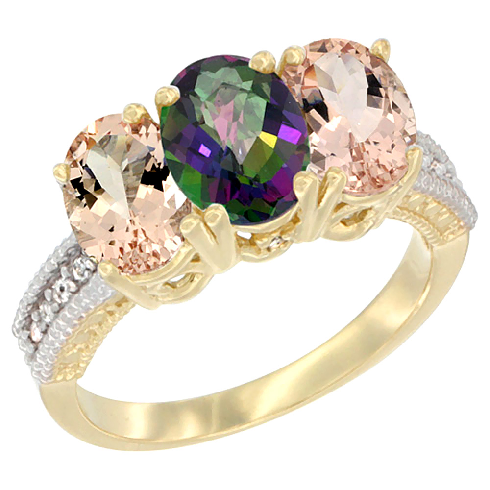 14K Yellow Gold Natural Mystic Topaz &amp; Morganite Sides Ring 3-Stone Oval 7x5 mm Diamond Accent, sizes 5 - 10