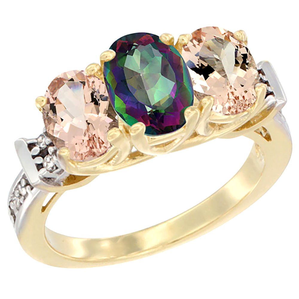 14K Yellow Gold Natural Mystic Topaz & Morganite Sides Ring 3-Stone Oval Diamond Accent, sizes 5 - 10
