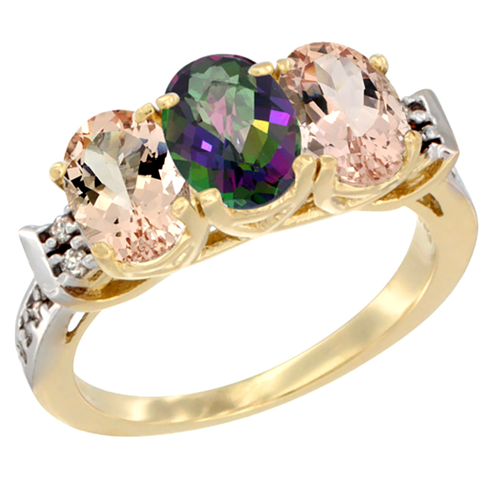 10K Yellow Gold Natural Mystic Topaz &amp; Morganite Sides Ring 3-Stone Oval 7x5 mm Diamond Accent, sizes 5 - 10