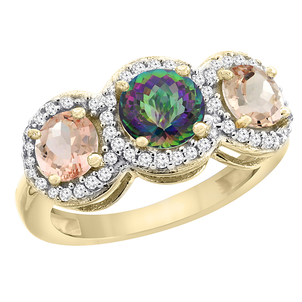 14K Yellow Gold Natural Mystic Topaz &amp; Morganite Sides Round 3-stone Ring Diamond Accents, sizes 5 - 10