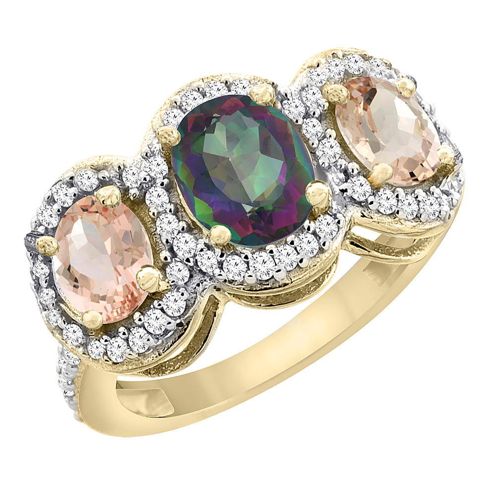 14K Yellow Gold Natural Mystic Topaz &amp; Morganite 3-Stone Ring Oval Diamond Accent, sizes 5 - 10