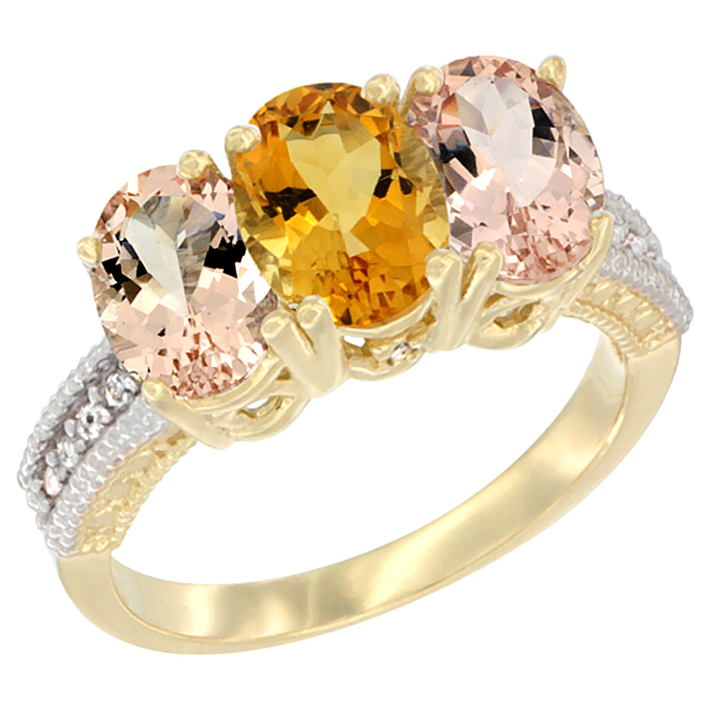 10K Yellow Gold Natural Citrine &amp; Morganite Ring 3-Stone Oval 7x5 mm, sizes 5 - 10