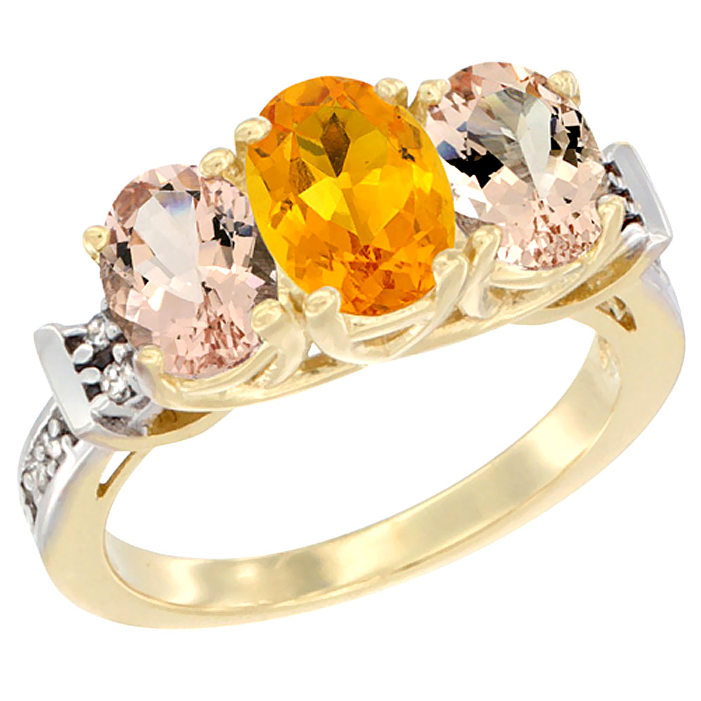 10K Yellow Gold Natural Citrine & Morganite Sides Ring 3-Stone Oval Diamond Accent, sizes 5 - 10