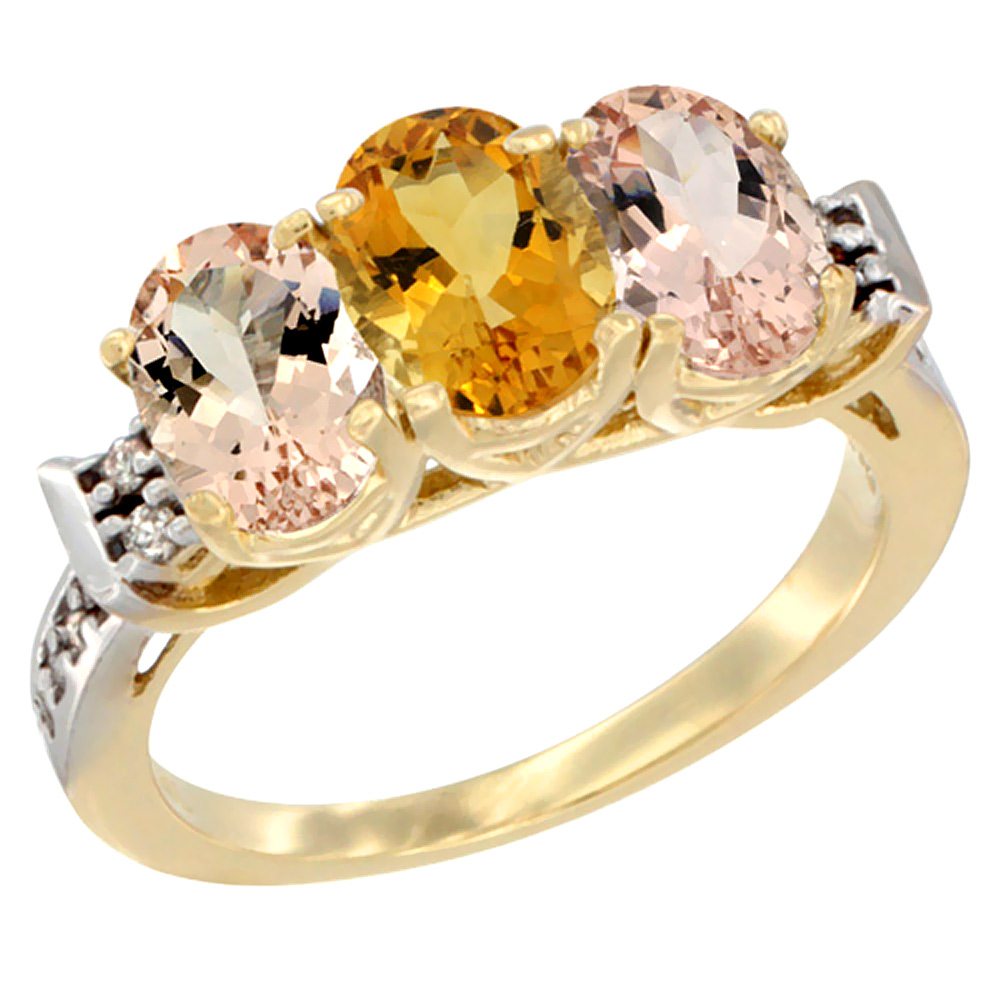 10K Yellow Gold Natural Citrine & Morganite Sides Ring 3-Stone Oval 7x5 mm Diamond Accent, sizes 5 - 10