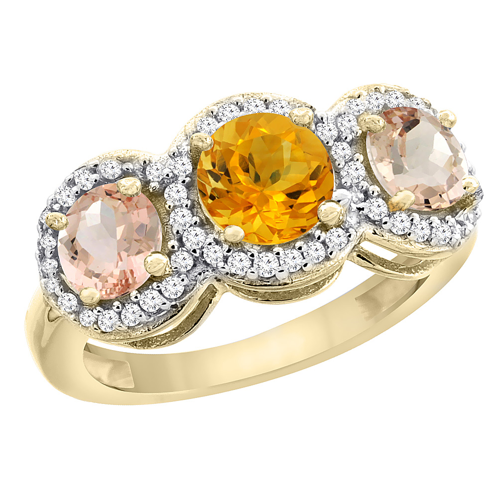 10K Yellow Gold Natural Citrine &amp; Morganite Sides Round 3-stone Ring Diamond Accents, sizes 5 - 10