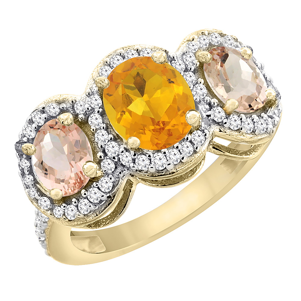 14K Yellow Gold Natural Citrine &amp; Morganite 3-Stone Ring Oval Diamond Accent, sizes 5 - 10