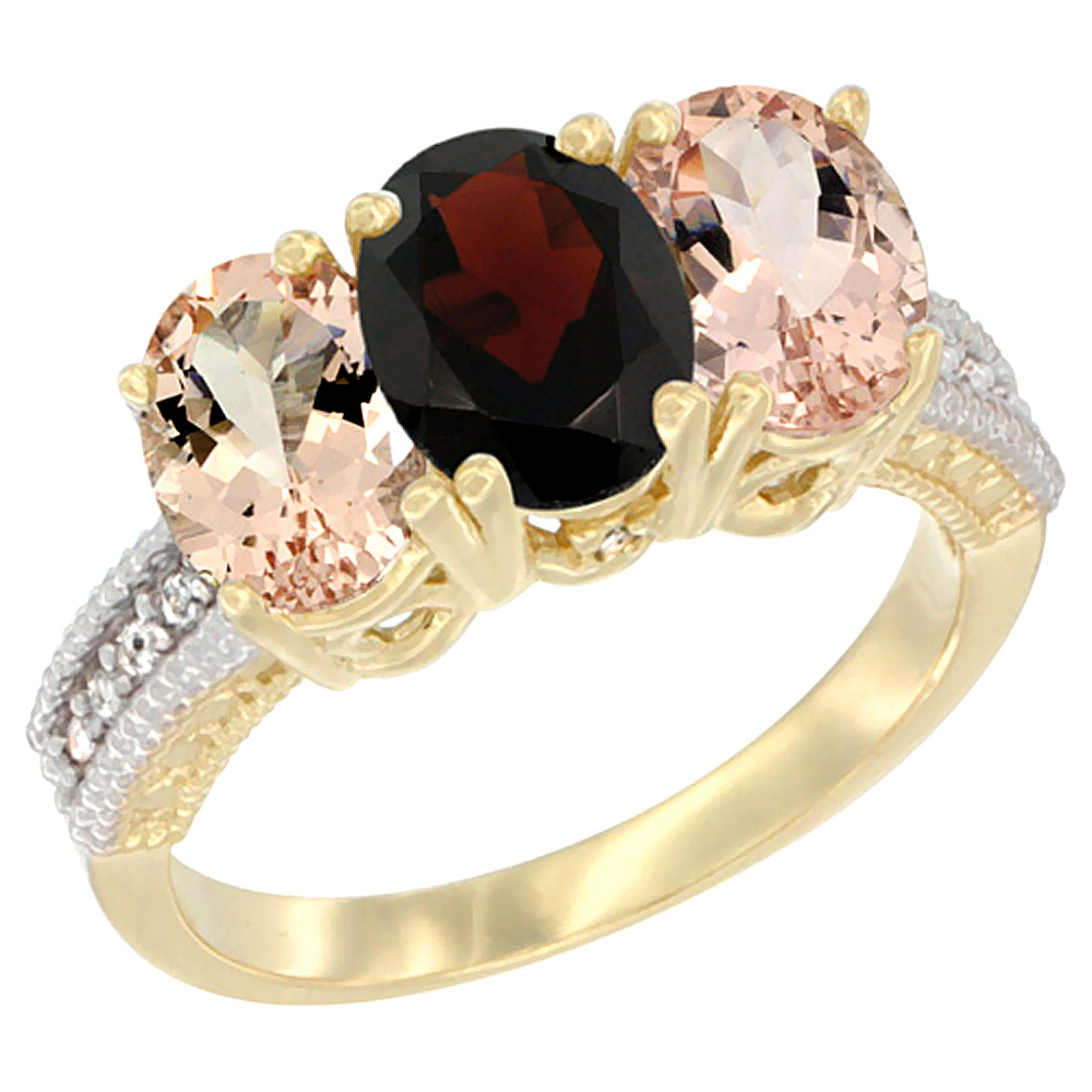 14K Yellow Gold Natural Garnet & Morganite Sides Ring 3-Stone Oval 7x5 mm Diamond Accent, sizes 5 - 10