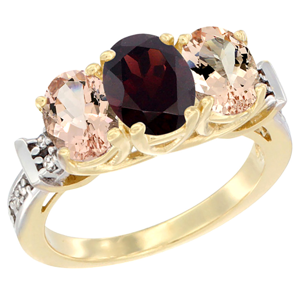 14K Yellow Gold Natural Garnet &amp; Morganite Sides Ring 3-Stone Oval Diamond Accent, sizes 5 - 10