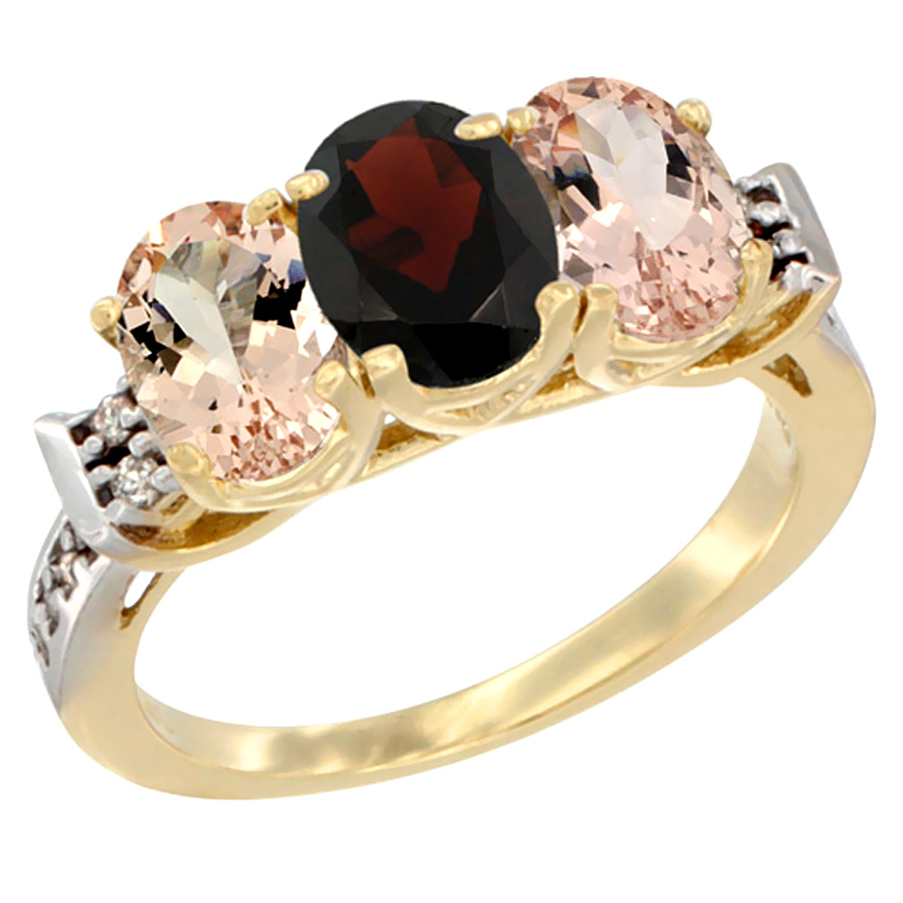 10K Yellow Gold Natural Garnet & Morganite Sides Ring 3-Stone Oval 7x5 mm Diamond Accent, sizes 5 - 10