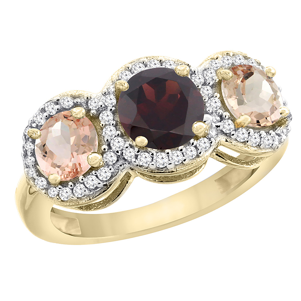 14K Yellow Gold Natural Garnet &amp; Morganite Sides Round 3-stone Ring Diamond Accents, sizes 5 - 10