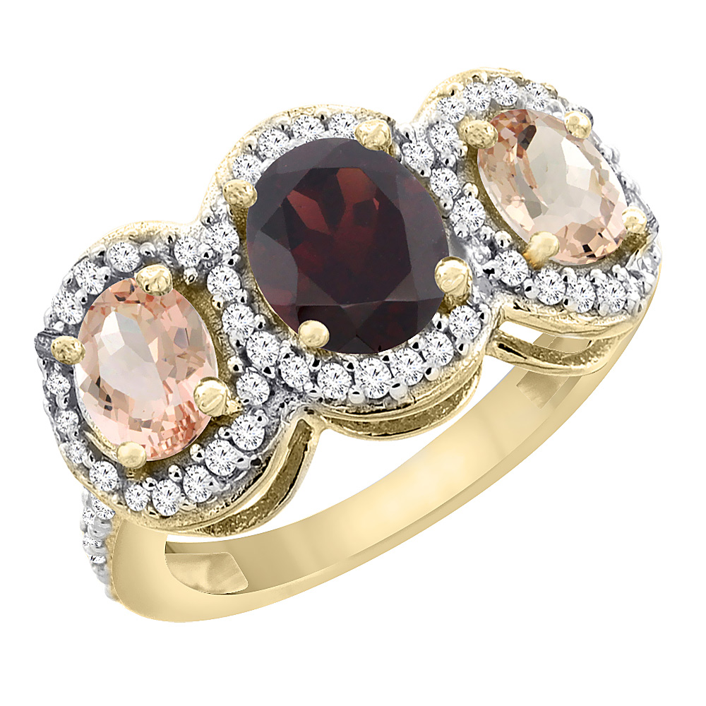 10K Yellow Gold Natural Garnet &amp; Morganite 3-Stone Ring Oval Diamond Accent, sizes 5 - 10
