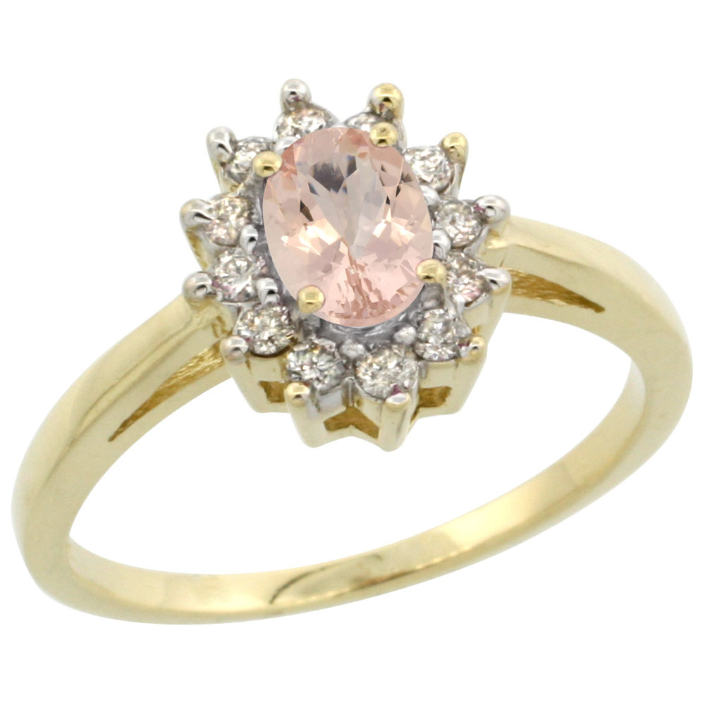 14K Yellow Gold Natural Morganite Flower Diamond Halo Ring Oval 6x4 mm, sizes 5 10