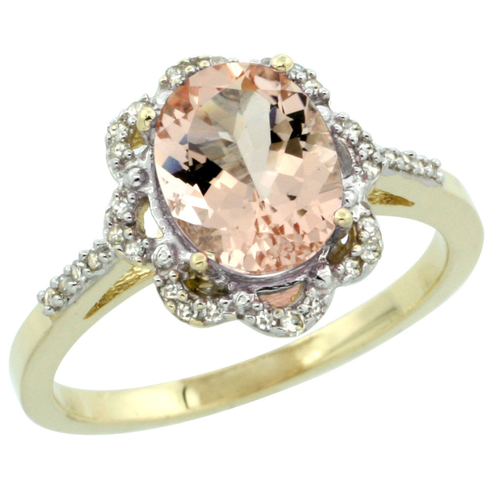 10K Yellow Gold Diamond Halo Natural Morganite Engagement Ring Oval 9x7mm, sizes 5-10