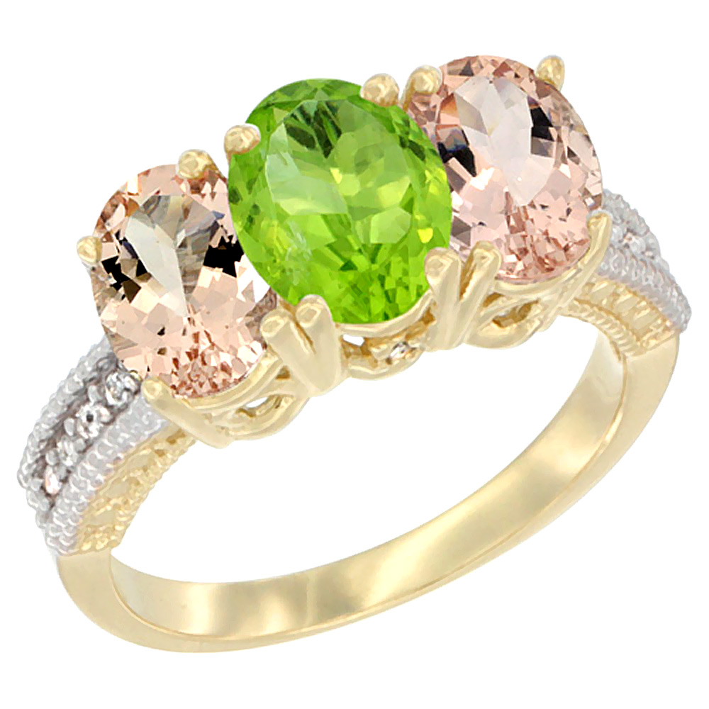 14K Yellow Gold Natural Peridot &amp; Morganite Sides Ring 3-Stone Oval 7x5 mm Diamond Accent, sizes 5 - 10