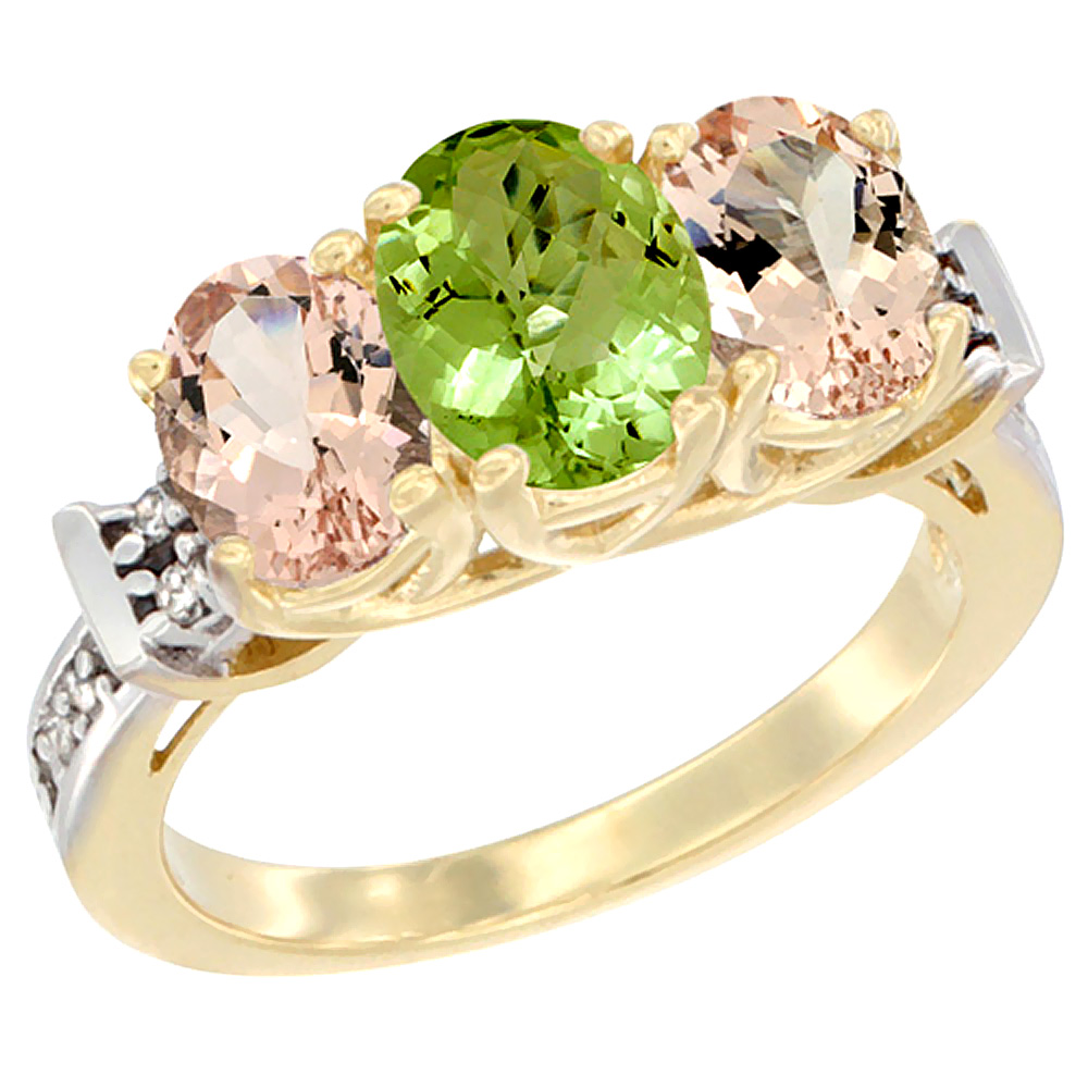10K Yellow Gold Natural Peridot & Morganite Sides Ring 3-Stone Oval Diamond Accent, sizes 5 - 10