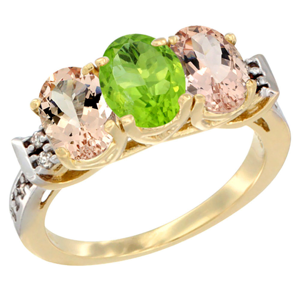 10K Yellow Gold Natural Peridot & Morganite Sides Ring 3-Stone Oval 7x5 mm Diamond Accent, sizes 5 - 10