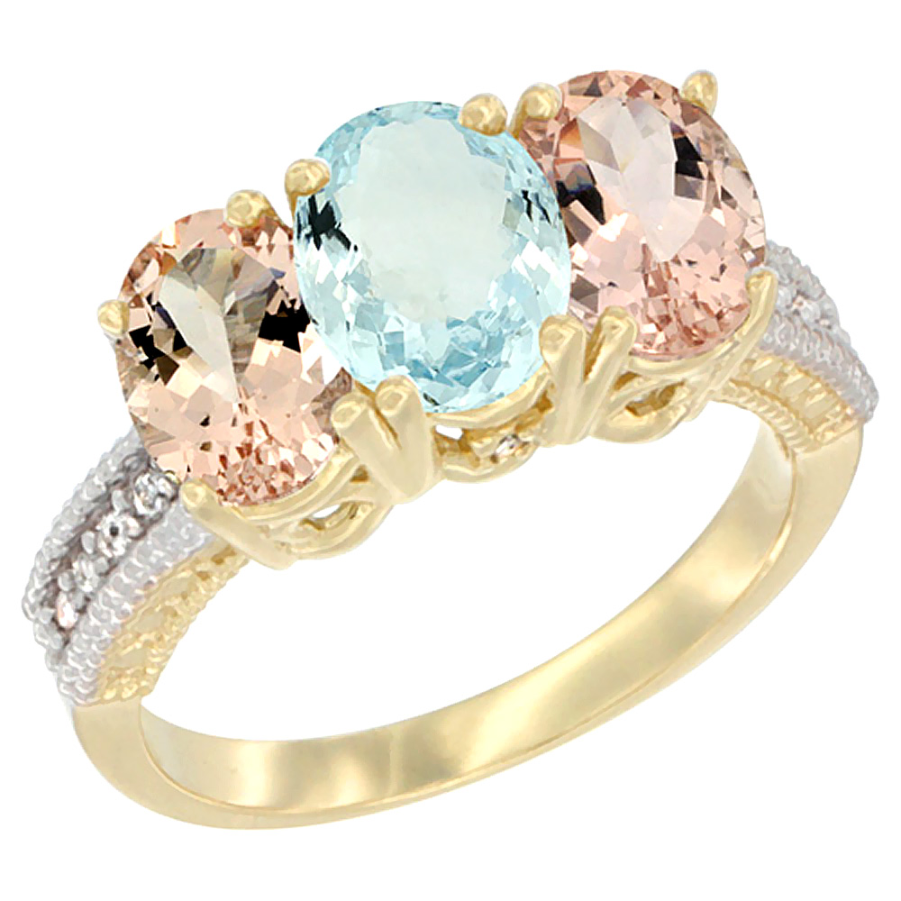 14K Yellow Gold Natural Aquamarine & Morganite Sides Ring 3-Stone Oval 7x5 mm Diamond Accent, sizes 5 - 10