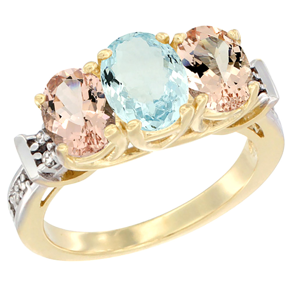 10K Yellow Gold Natural Aquamarine &amp; Morganite Sides Ring 3-Stone Oval Diamond Accent, sizes 5 - 10